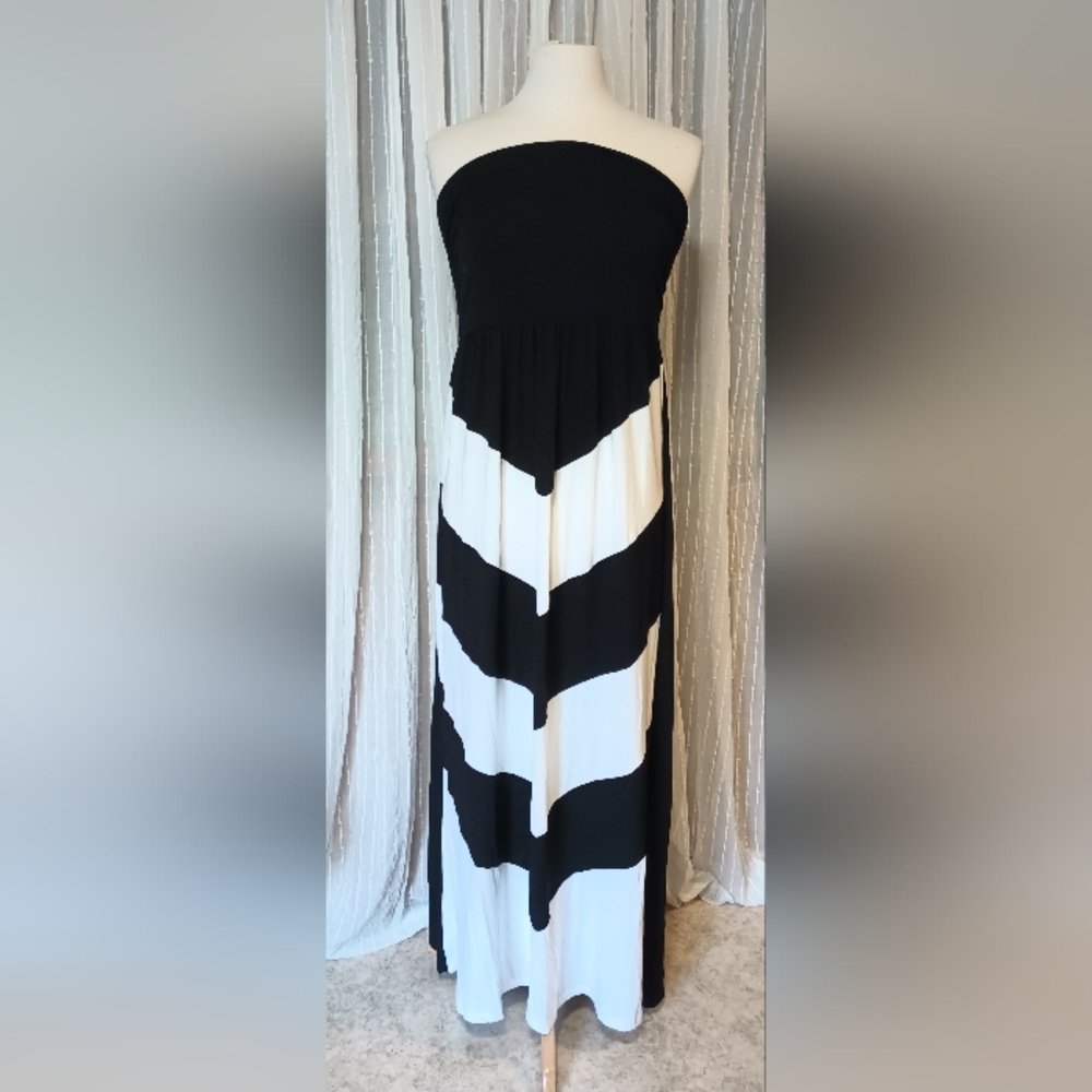 Design History Black White Chevron Strapless Long Maxi Dress Sz XL NWT